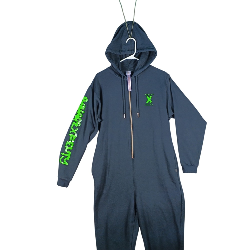 Savage X Fenty Jumpsuit Womens Medium Black Neon Green Graphic Hooded Romper